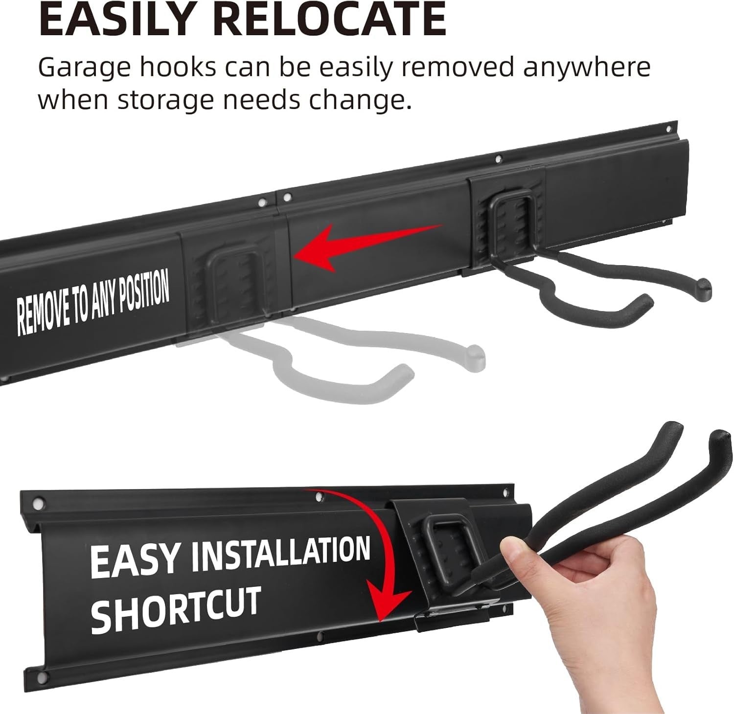 Garage Tool Rack Wall Mounted 12 Adjustable Hooks 2 Semicircle Black