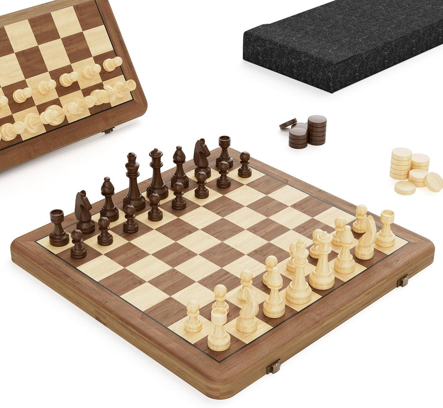 15" Magnetic Wooden Chess Set Dual-Tone Folding Board with Storage Box