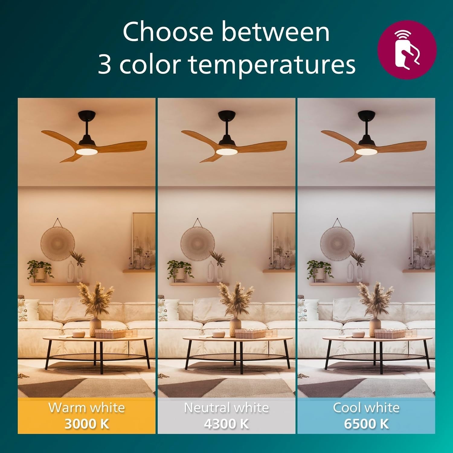 Philips Olas 42" Ceiling Fan, 3 Blades, 24W LED, DC Motor, Dimmable, Black/Wood