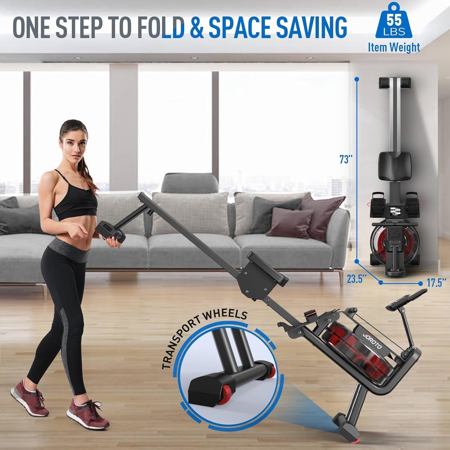 Foldable Water Rowing Machine Quiet Bluetooth 300LB Home Rower with LCD & Holder
