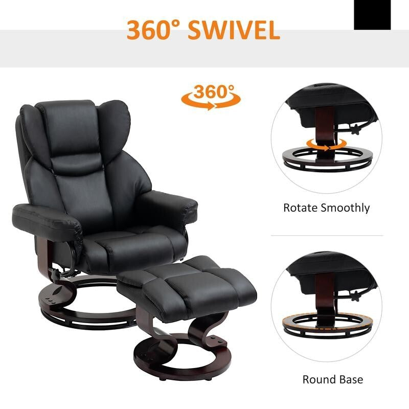 Black Recliner Swivel Armchair with Footstool PU Leather Lounge Chair