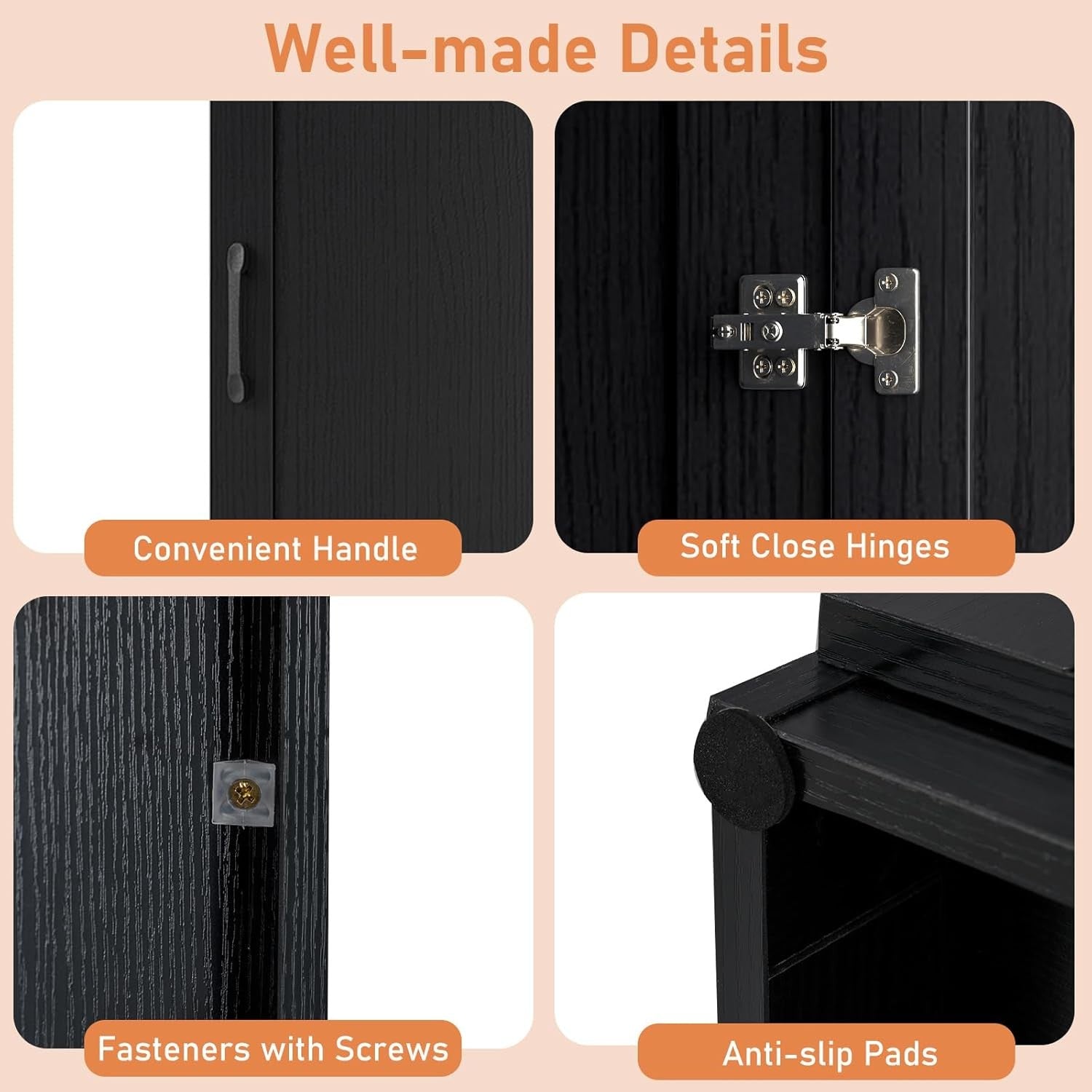Tall Black Kitchen Cupboard 4 Tier Wooden Pantry Storage Cabinet Organizer