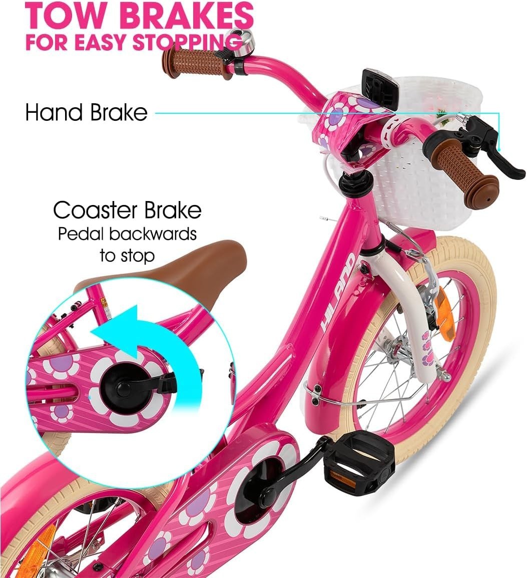 16 Inch Girls Bike with Basket Stabilisers Dual Brakes Bicycle Age 4-7