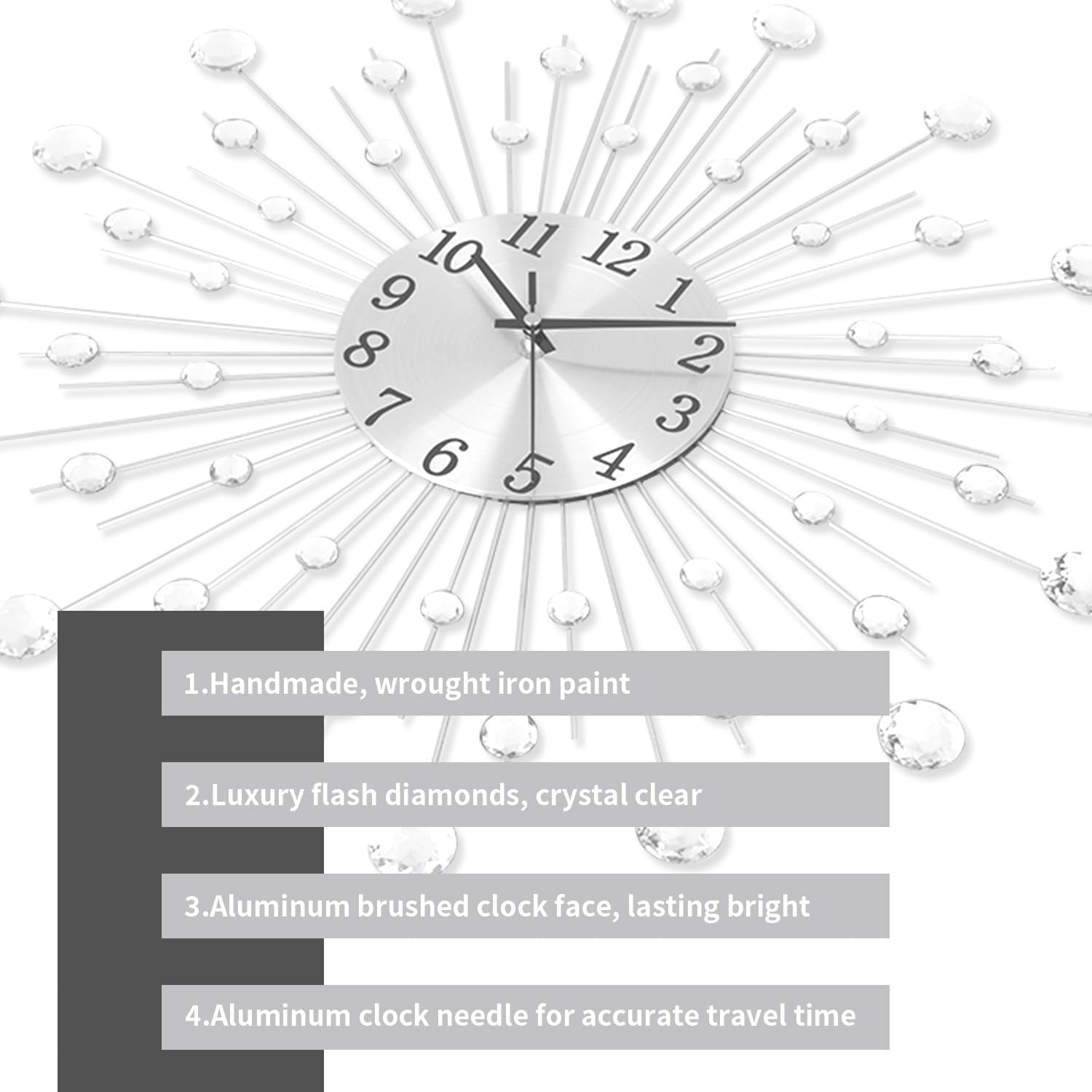 Modern Crystal Sunburst Wall Clock 50cm – Large Silent Luxury Metal Decor