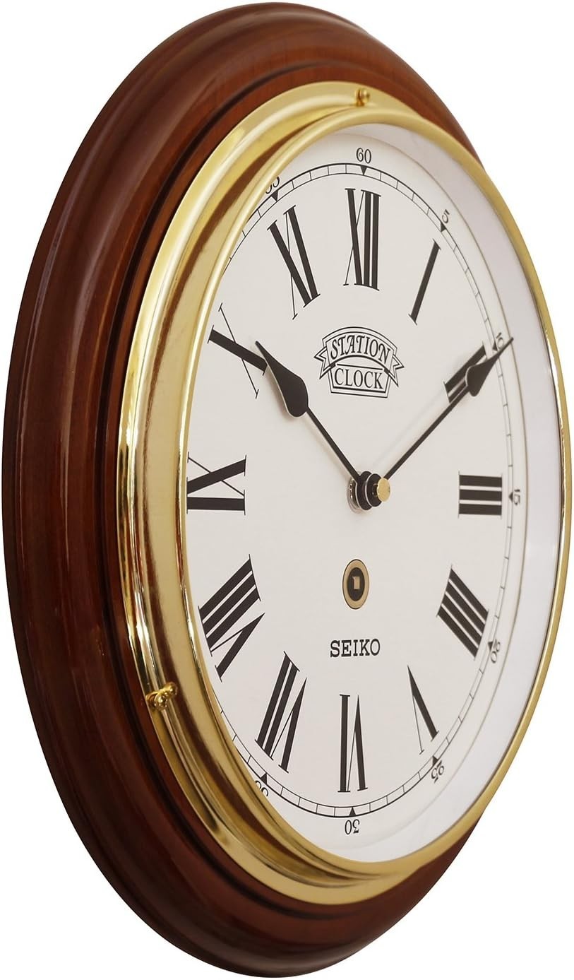 Luxury Gold Bezel Wooden Wall Clock Quartz Roman Dial Silent 12" Decor