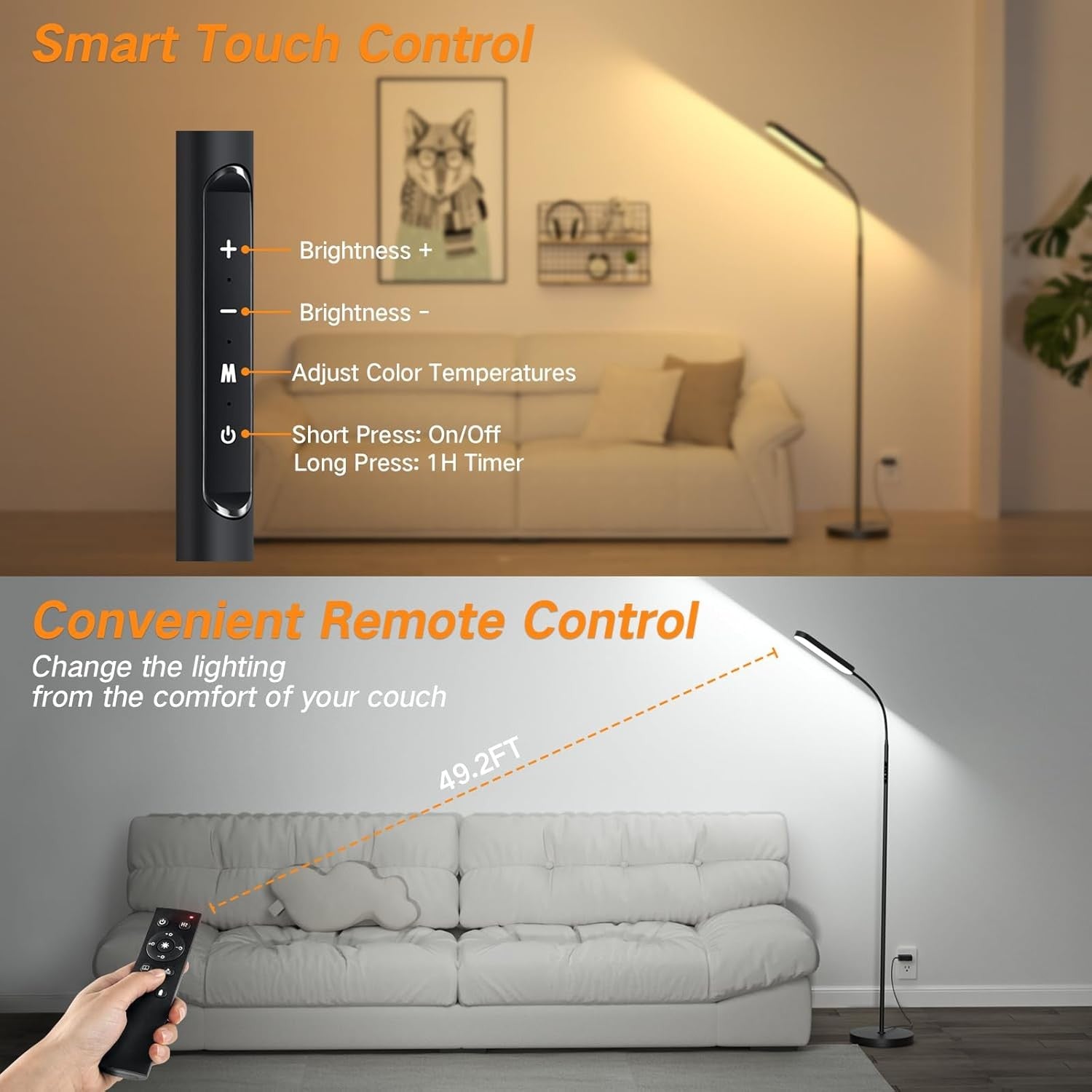 LED Floor Lamp Dimmable Gooseneck Reading Light Remote Touch