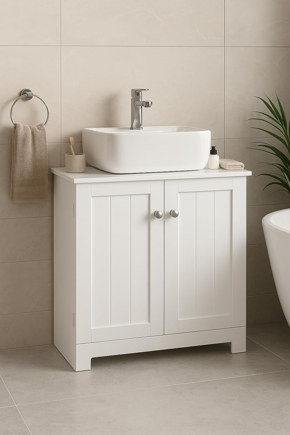 White Under Sink Bathroom Cabinet 60x30x60cm – 2 Doors, Shelf Storage