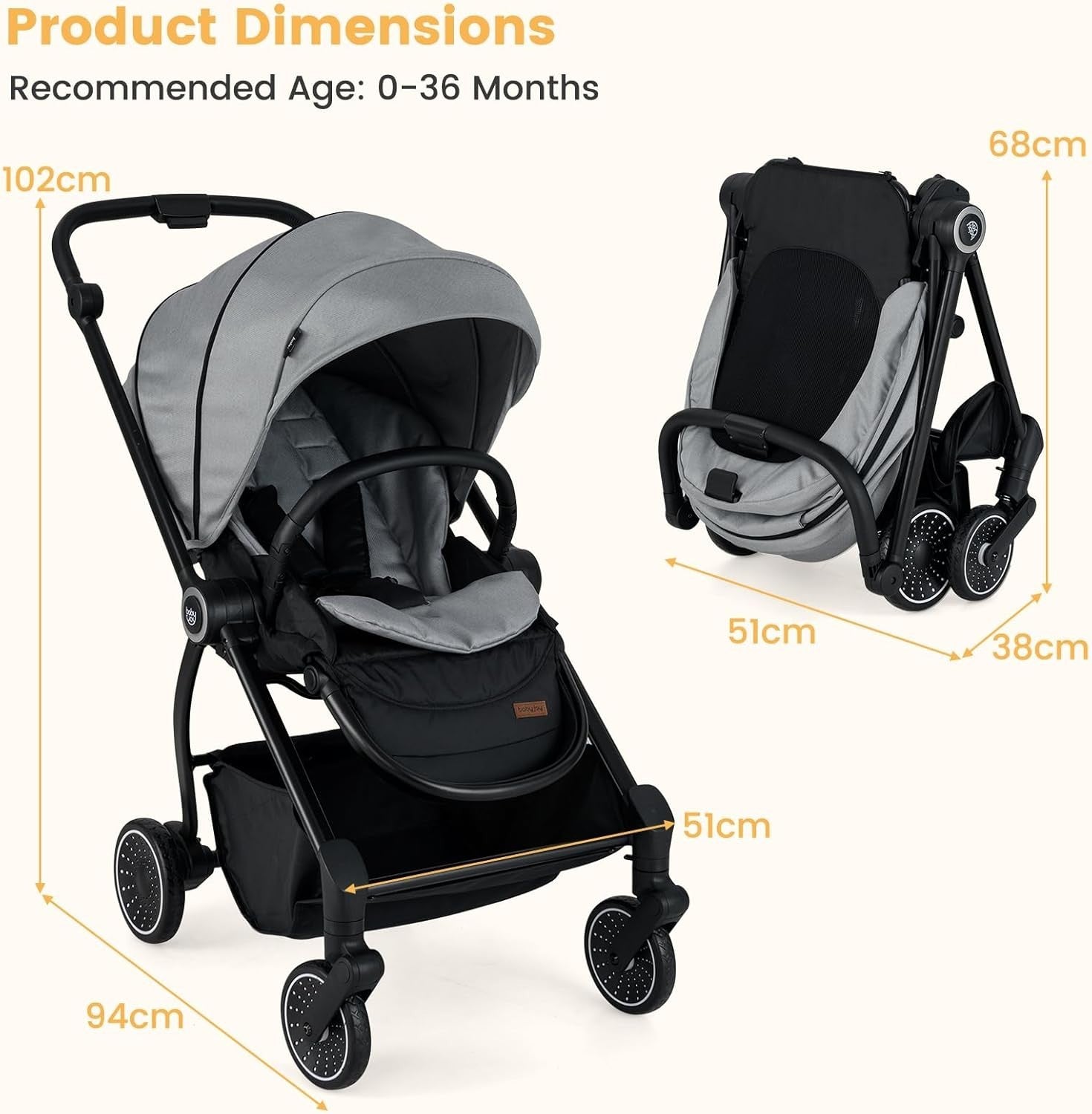 Compact Baby Pram Pushchair Reversible Seat Reclining Foldable Grey