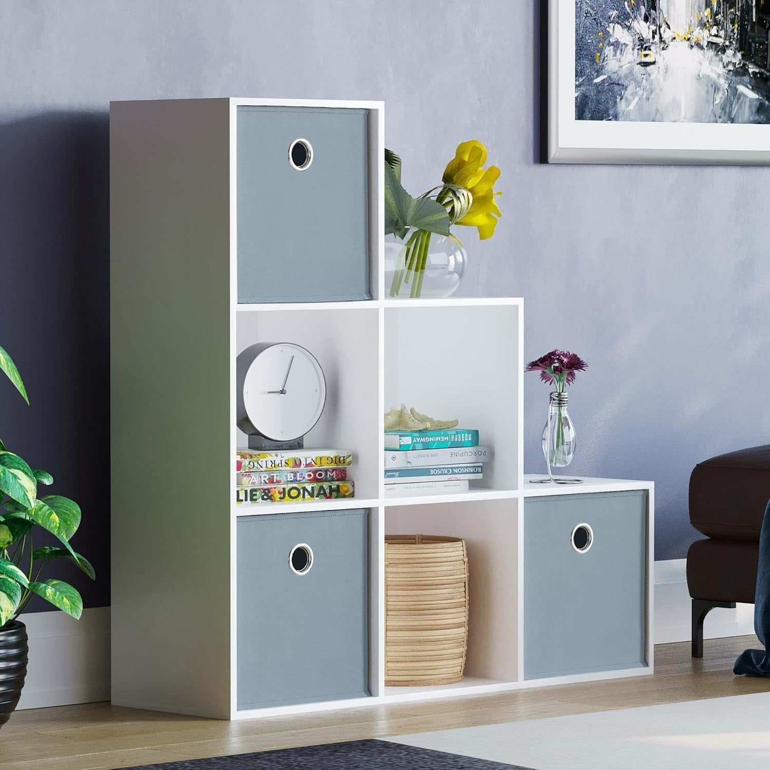 White 6 Cube Staircase Bookcase with 3 Grey Storage Baskets – Modern Unit