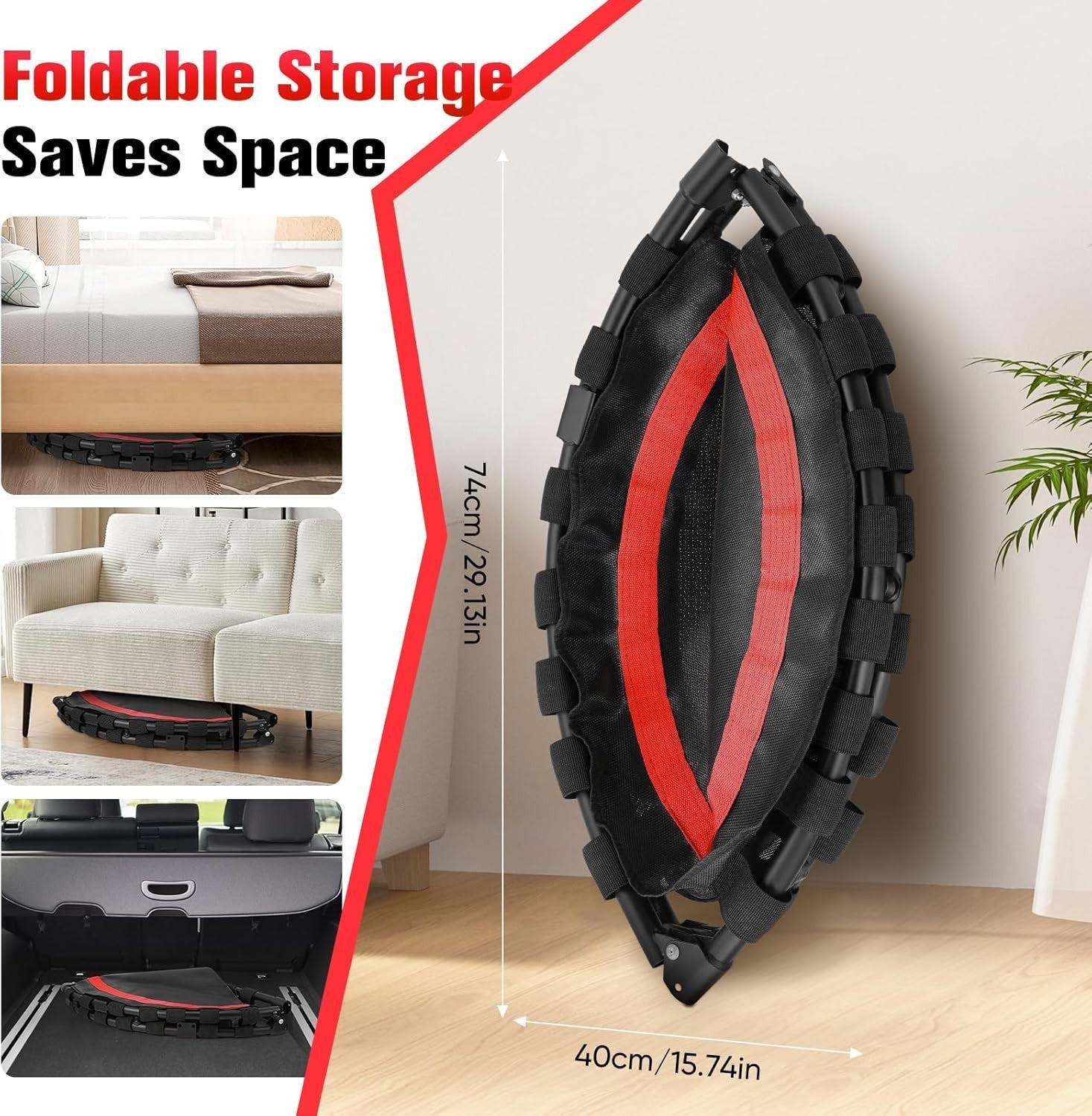 Foldable Fitness Trampoline Indoor w Adjustable Grab Bar Quiet 150kg