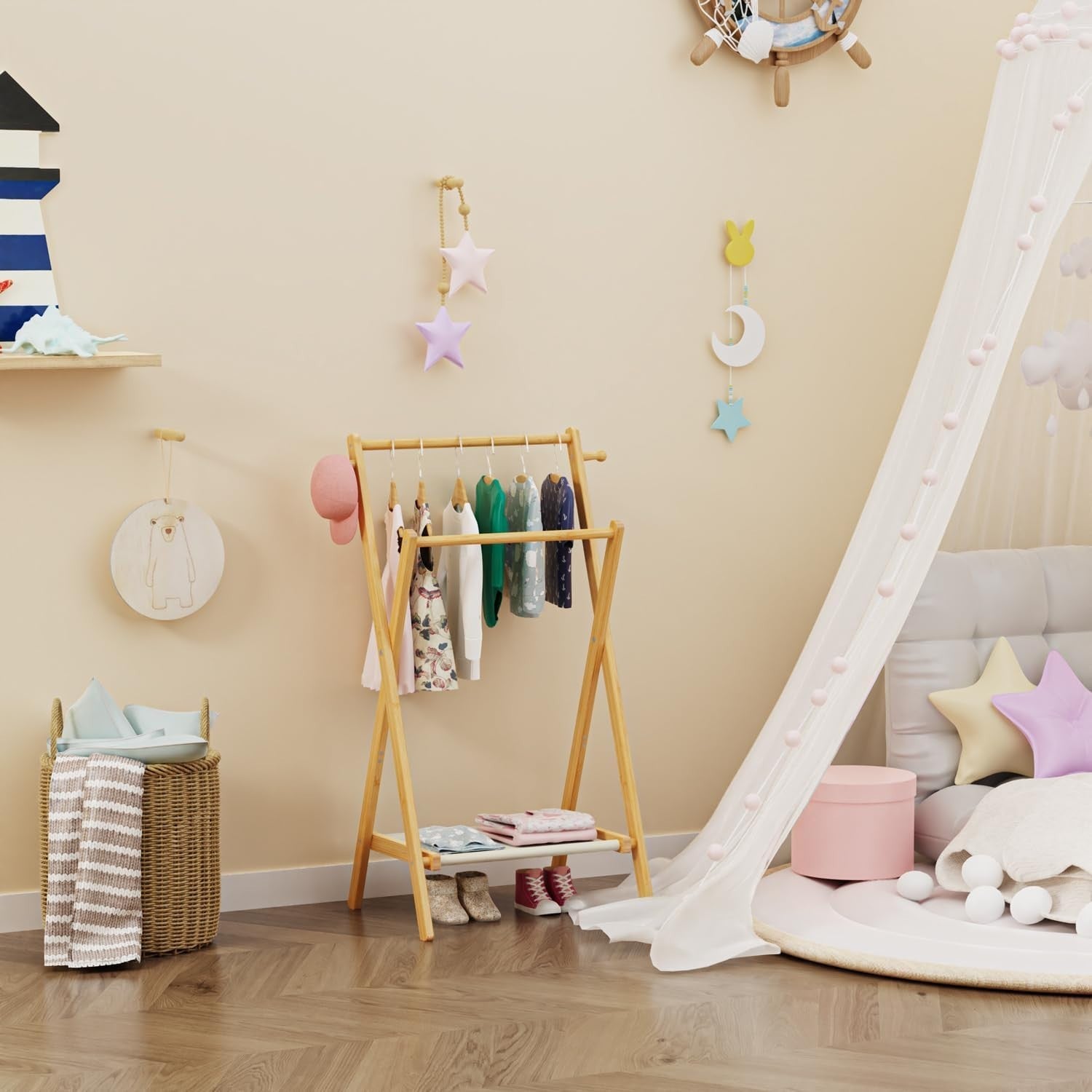 Bamboo Kids Clothing Rack Small Dress Up Rail with Shelf & Double Rods