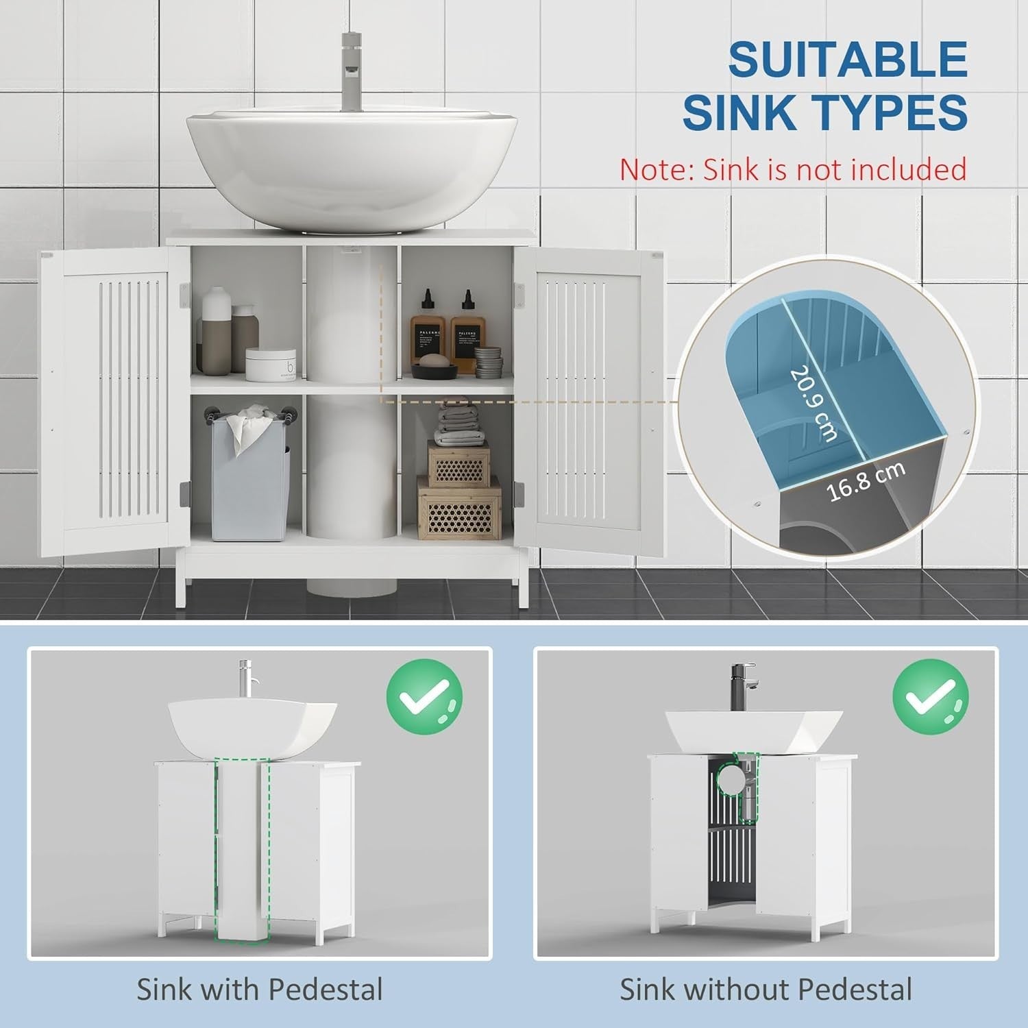 White Under Sink Bathroom Cabinet Storage Unit 2 Door Adjustable Shelf 60x60cm