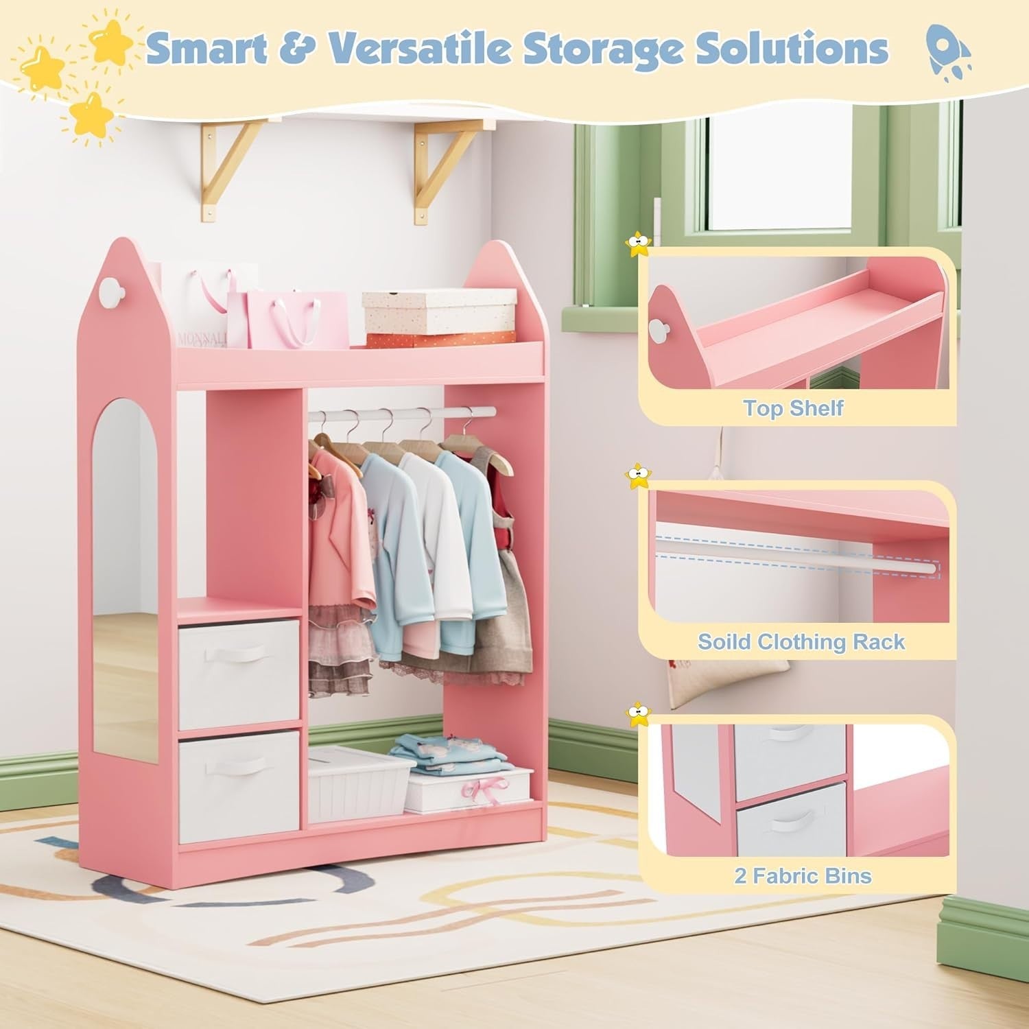 Kids Wardrobe with Mirror, 2 Drawers & Hanging Rail, Pink Rocket Design