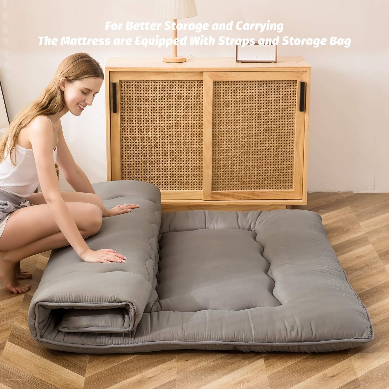Grey Double Foldable Futon Mattress | Thick Tatami Sleep Pad, Portable Lounger
