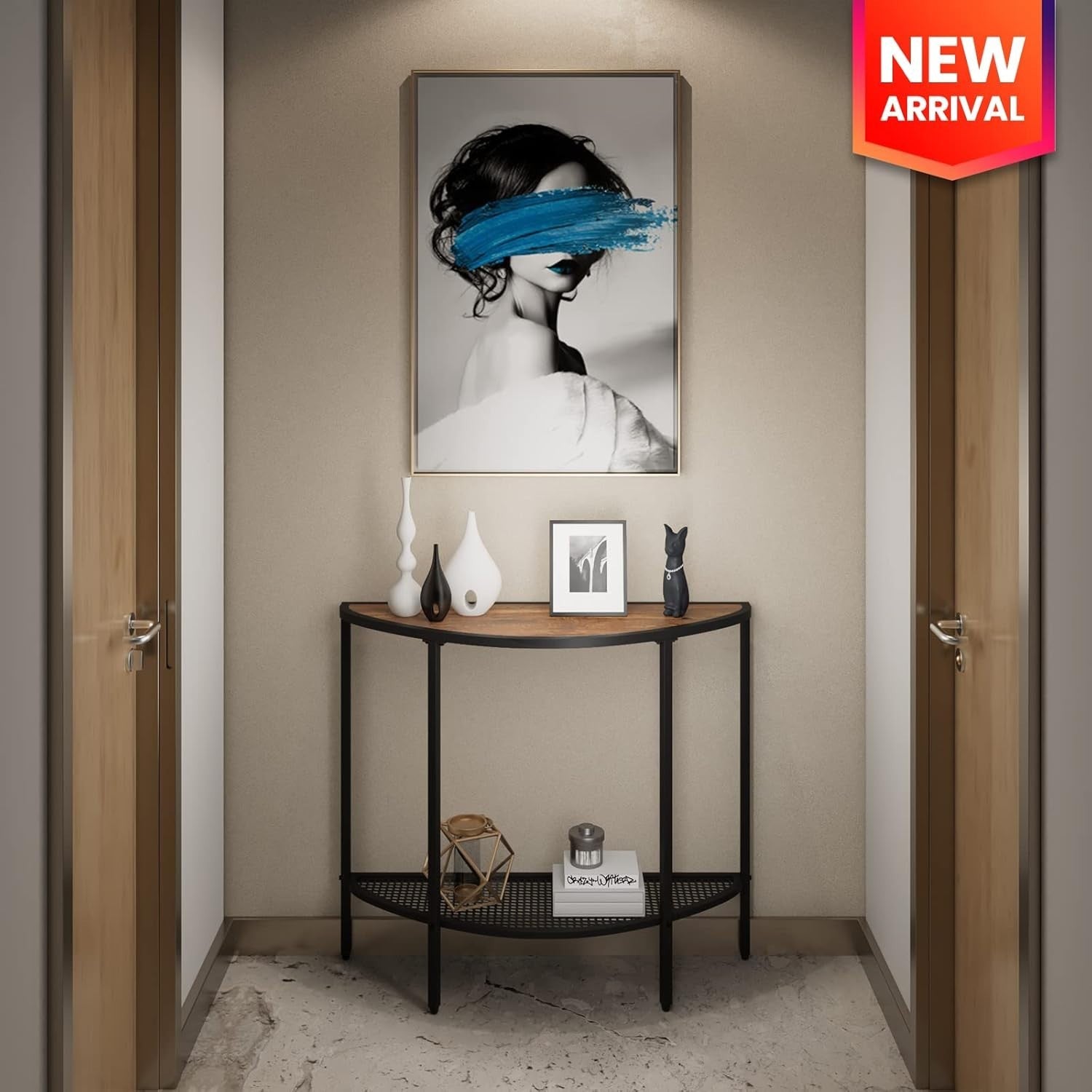 Narrow Half Moon Console Table Walnut Black, Slim 2-Tier Entryway Shelf
