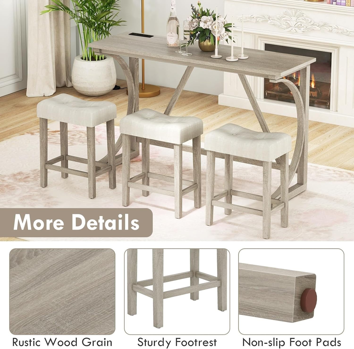 Counter Height Bar Table Set with Power Outlet, 4-Piece Dining Set with Stools