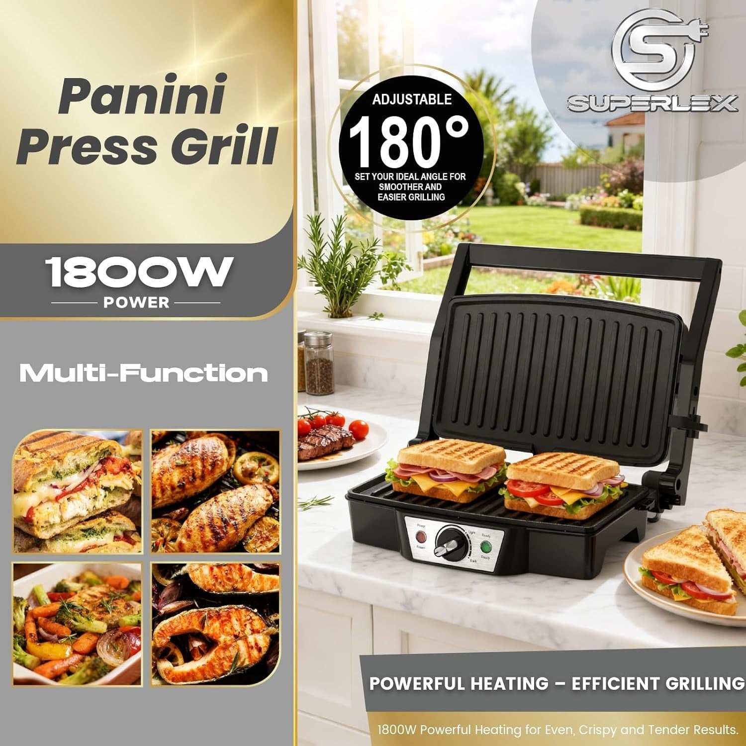 1500W Electric Panini Press 27.5x17.8cm Non-Stick Grill Toastie Maker