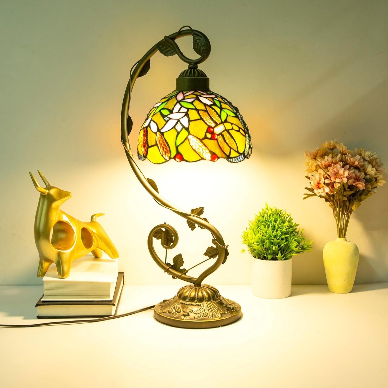 Stained Glass Table Lamp LED Remote Dimmable 3 Color Modes for Living Room