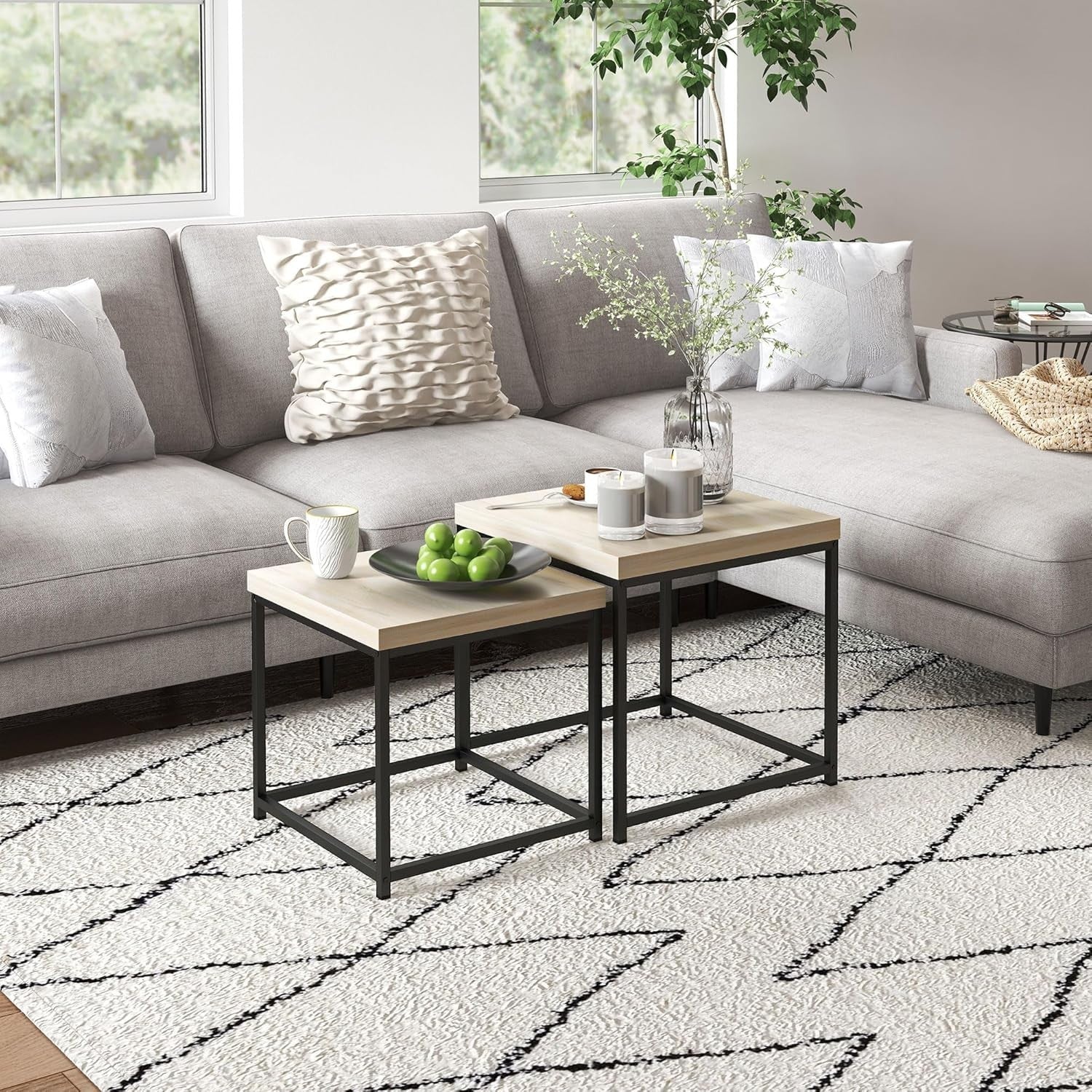 Oak Nesting Coffee Table Set Modern Square End Side Accent Tables Steel Frame