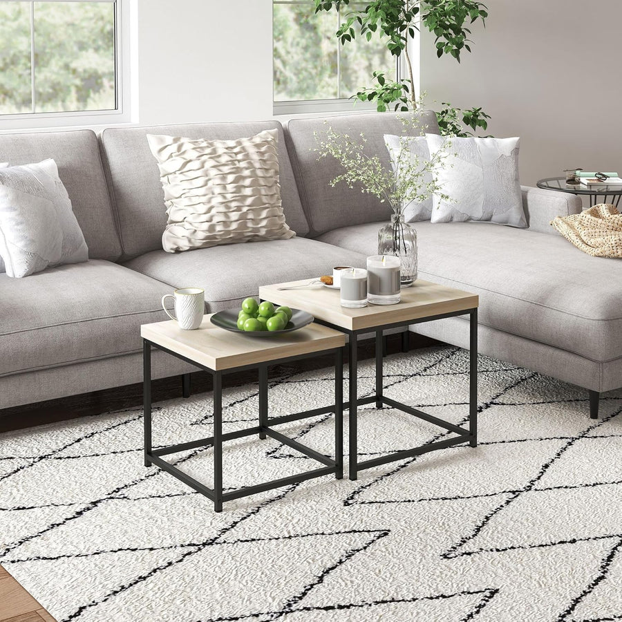 Oak Nesting Coffee Table Set Modern Square End Side Accent Tables Steel Frame