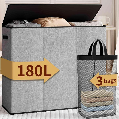 180L Large Laundry Hamper with Lid | 3-Section Sorter | Removable Bags, Grey