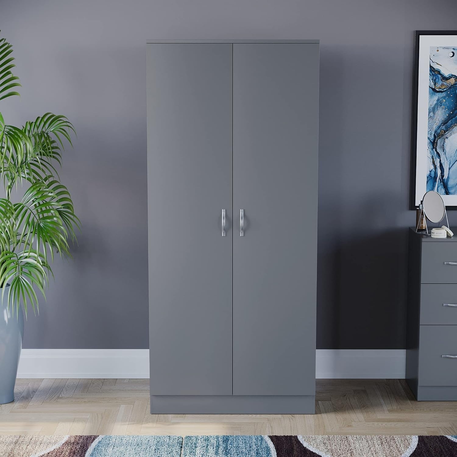 Grey 2 Door Wardrobe with Hanging Rail & Shelf, Modern Bedroom Storage