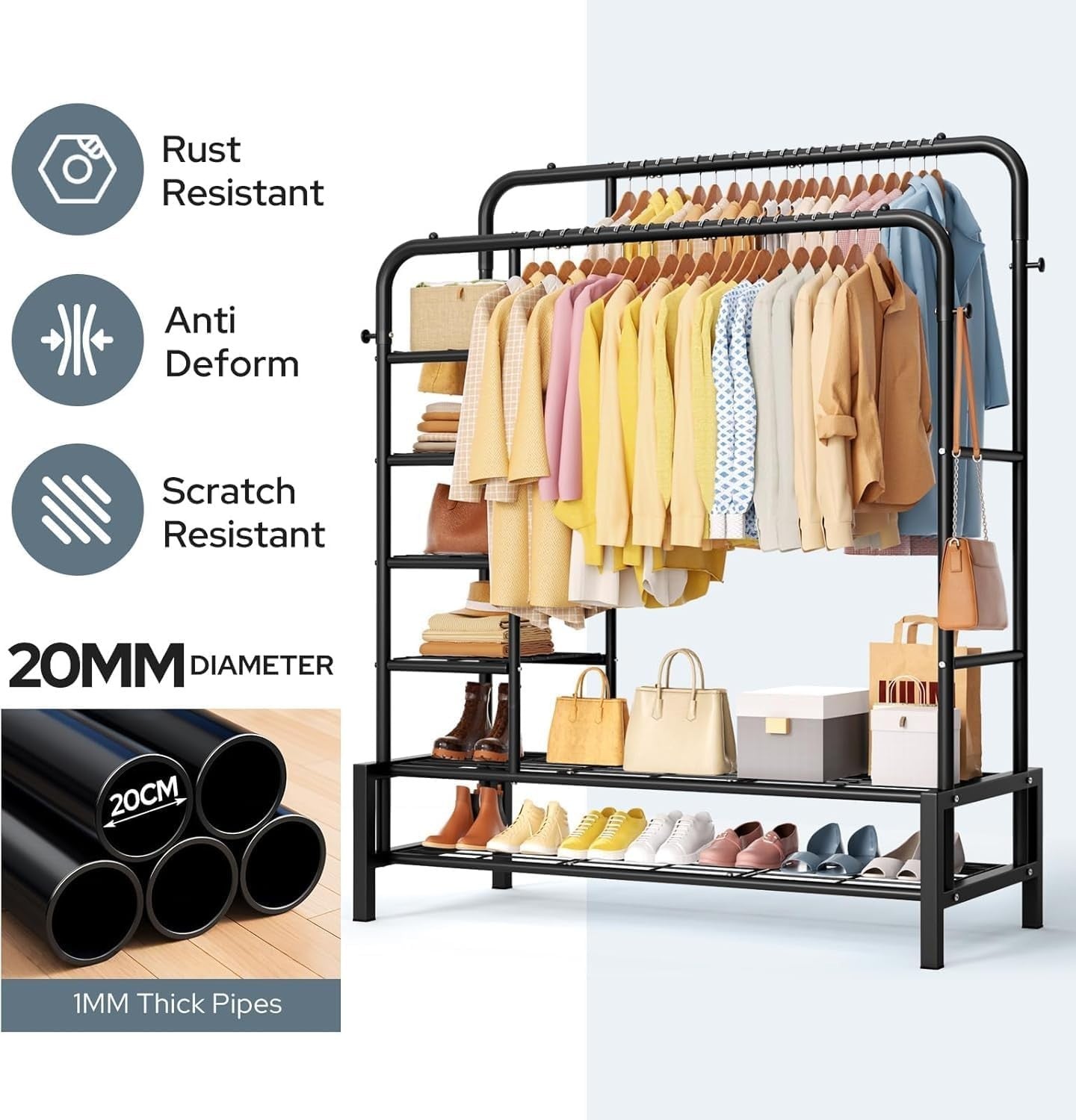 Heavy Duty Clothes Rail Double Rods Shelves Shoe Rack Black