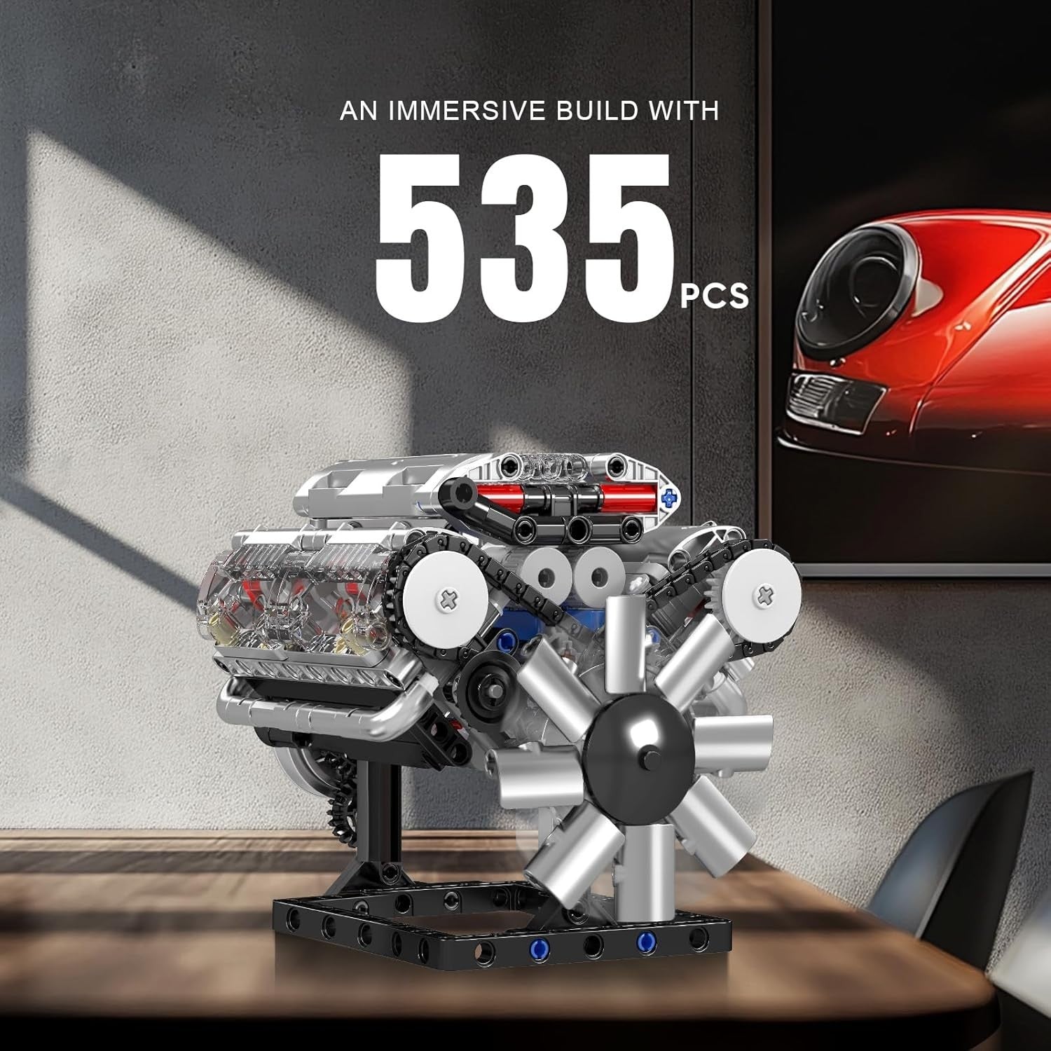 V8 Engine Model Building Blocks Kit 535 pcs | Functional Motor & Realistic Desig