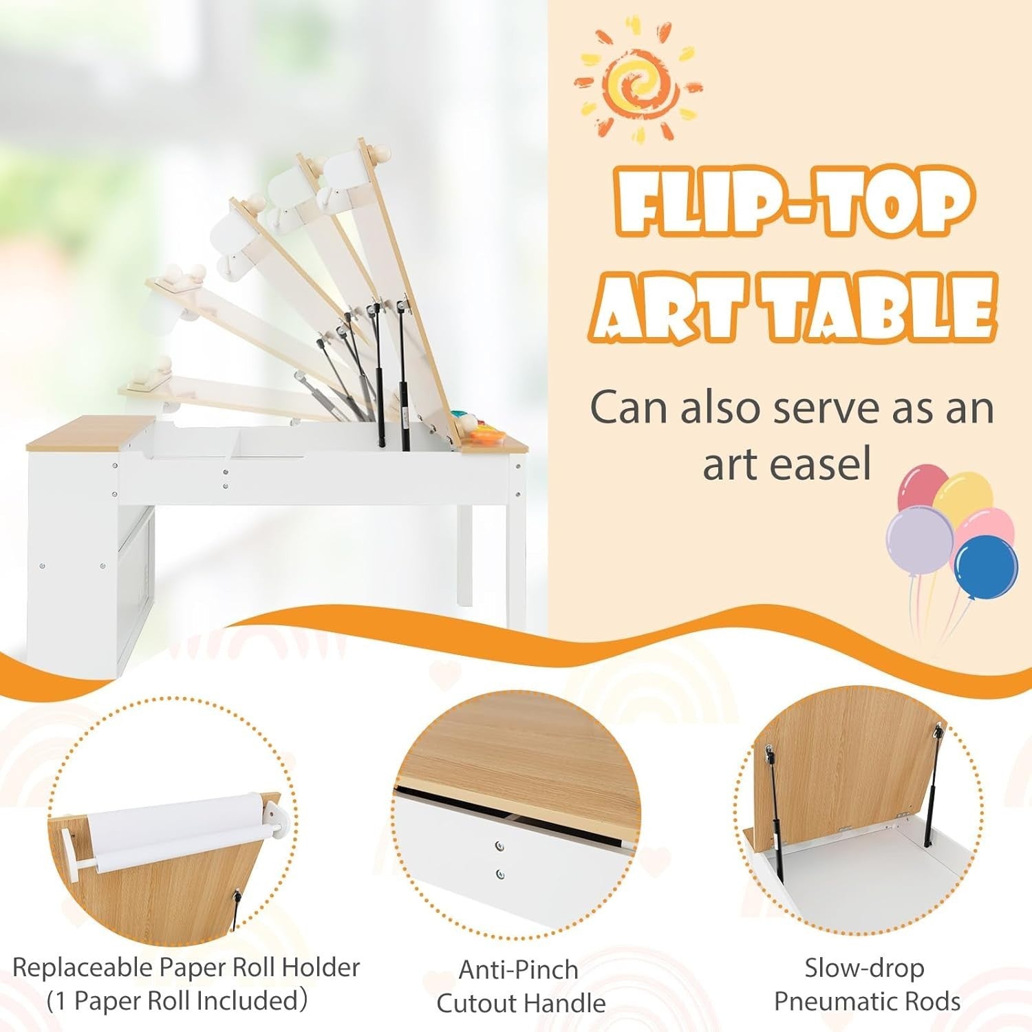 Kids Art Table and Chairs Set with Storage Box Paper Roller Drawing Desk 5 Cups