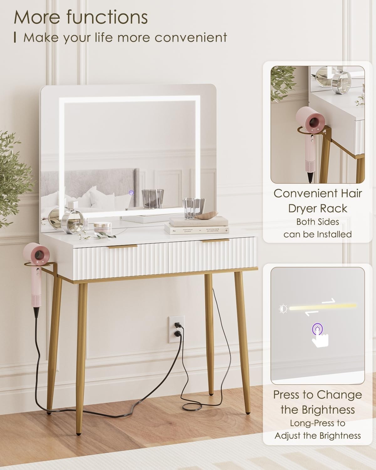White Dressing Table Makeup Desk LED Light Mirror Drawers Gold Legs Modern