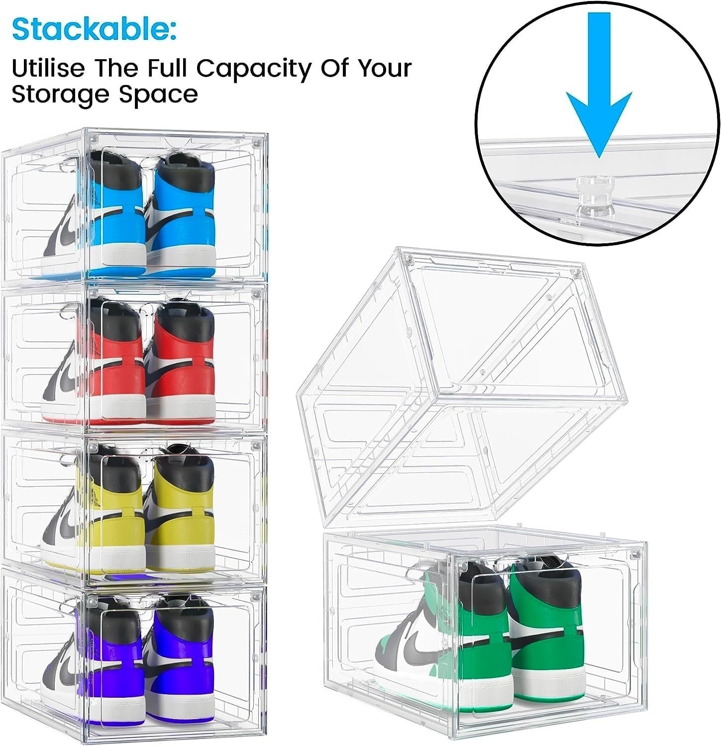 Clear Stackable Shoe Storage Boxes 14 Pack with Magnetic Doors, Fits UK 12.5