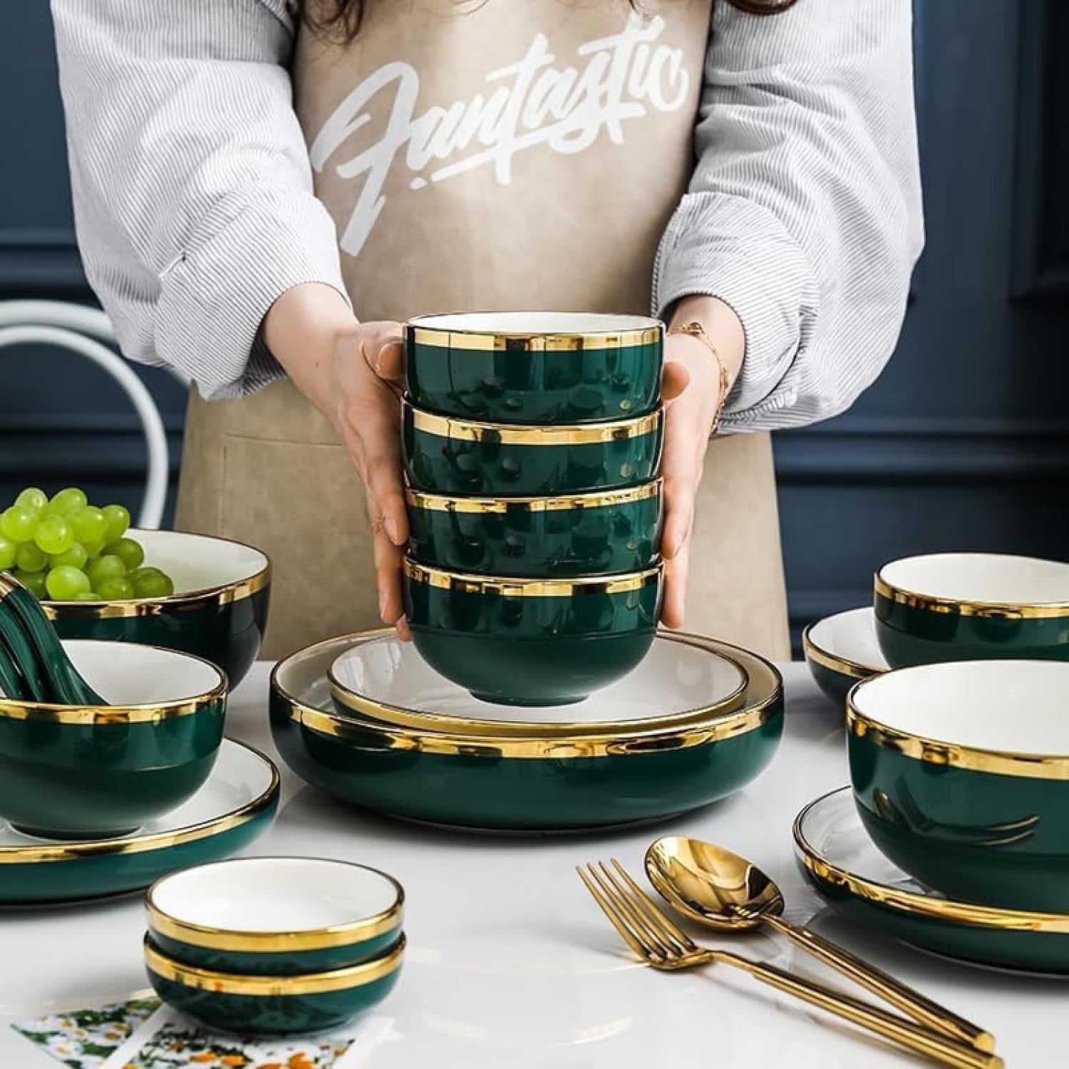 24 Piece Bone China Dinner Set Gold Rim Green Plates Bowls Microwave Safe
