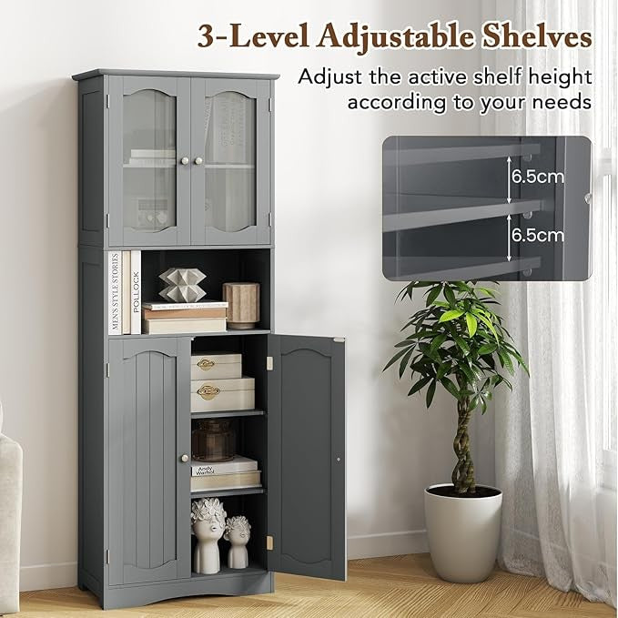 Tall Grey Storage Cabinet with Glass Doors & Adjustable Shelves 164cm