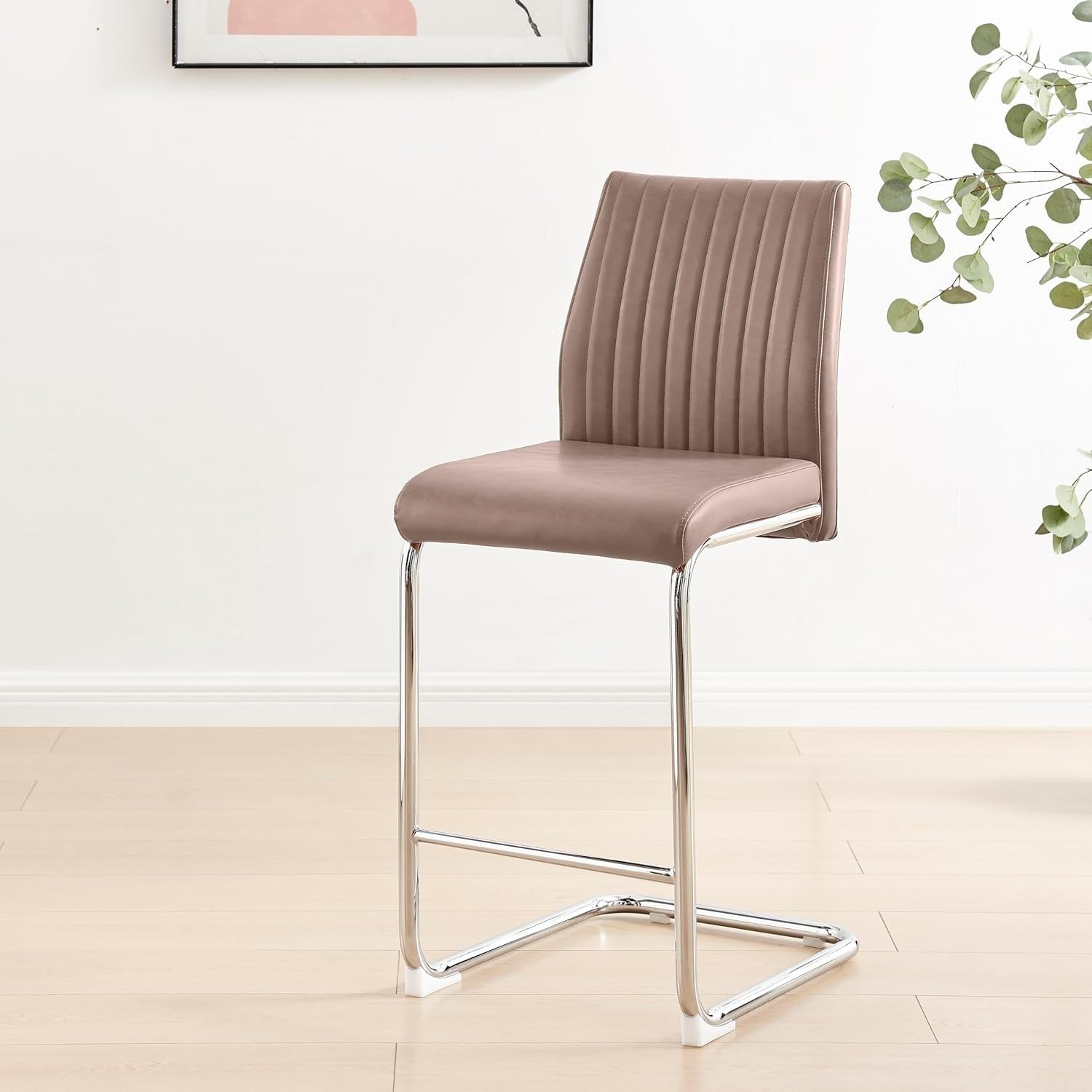Modern Cappuccino Bar Stools Set of 2 – Faux Leather Cantilever Chairs