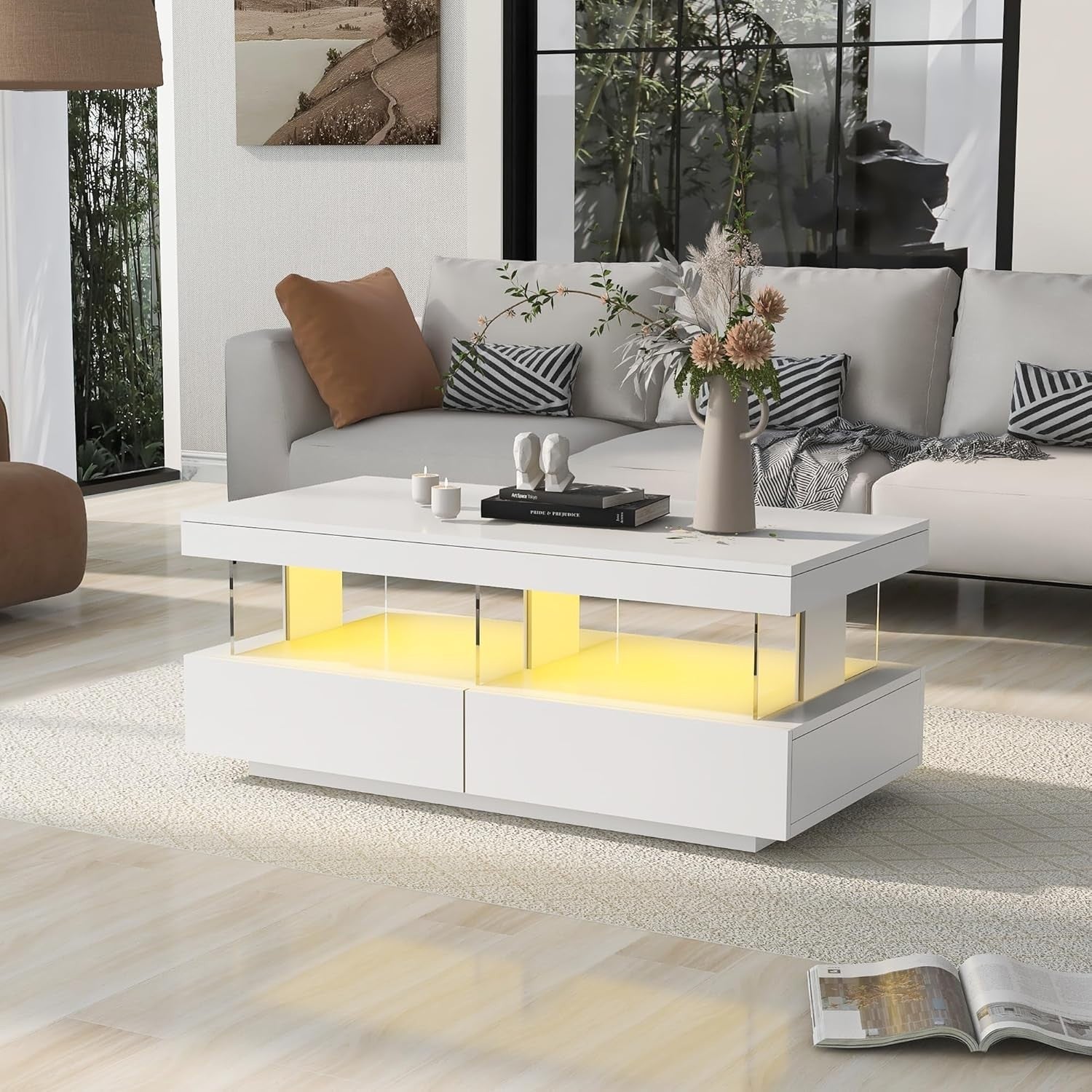 White LED Coffee Table with 2 Drawers & Open Storage, High Gloss 100x60cm