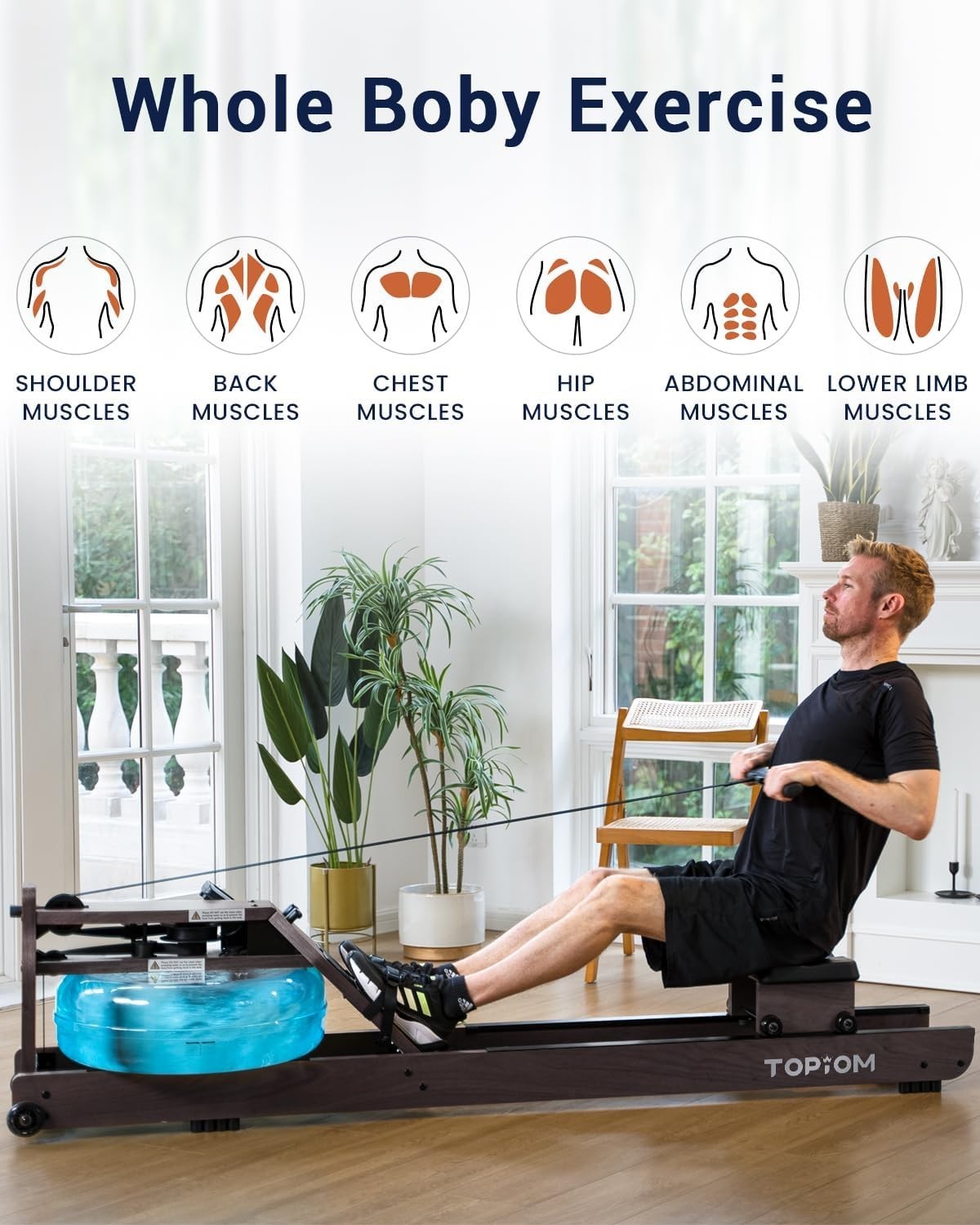 Oak Wood Water Rowing Machine Foldable Bluetooth TM3 Display Home Rower 182KG