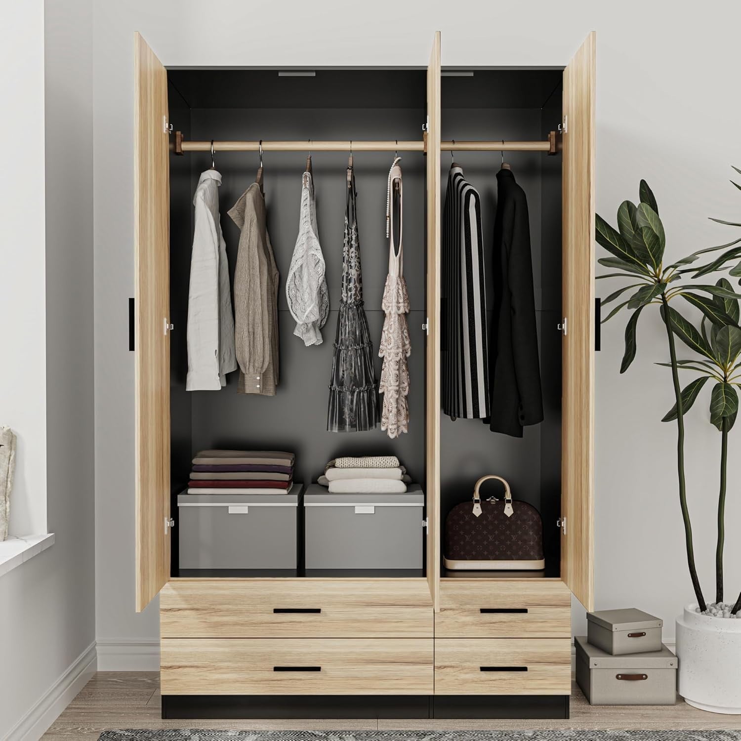3 Door 4 Drawer Wardrobe Hanging Rail Bedroom Storage Black & Oak Organizer