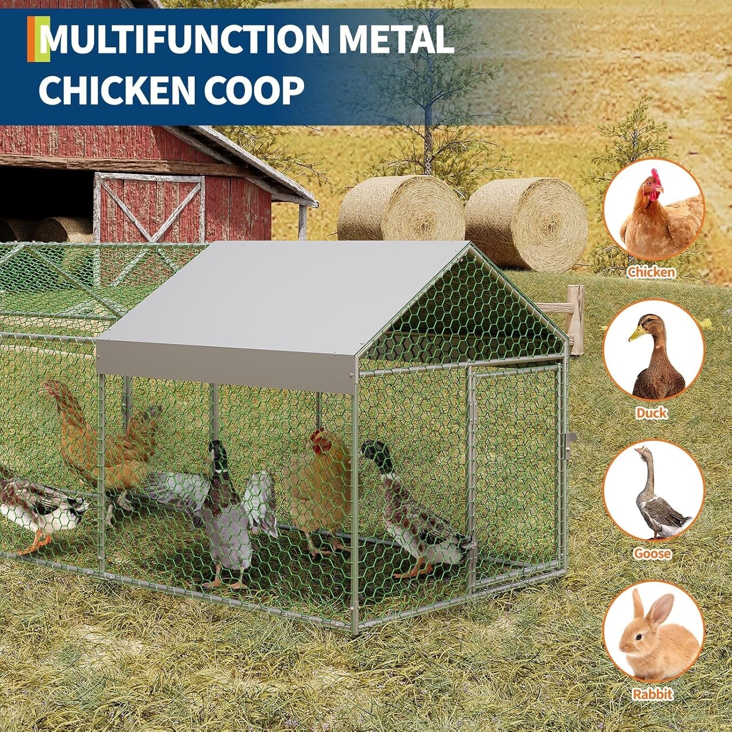 4m Walk In Chicken Run Galvanised Steel Coop 8-15 Hens