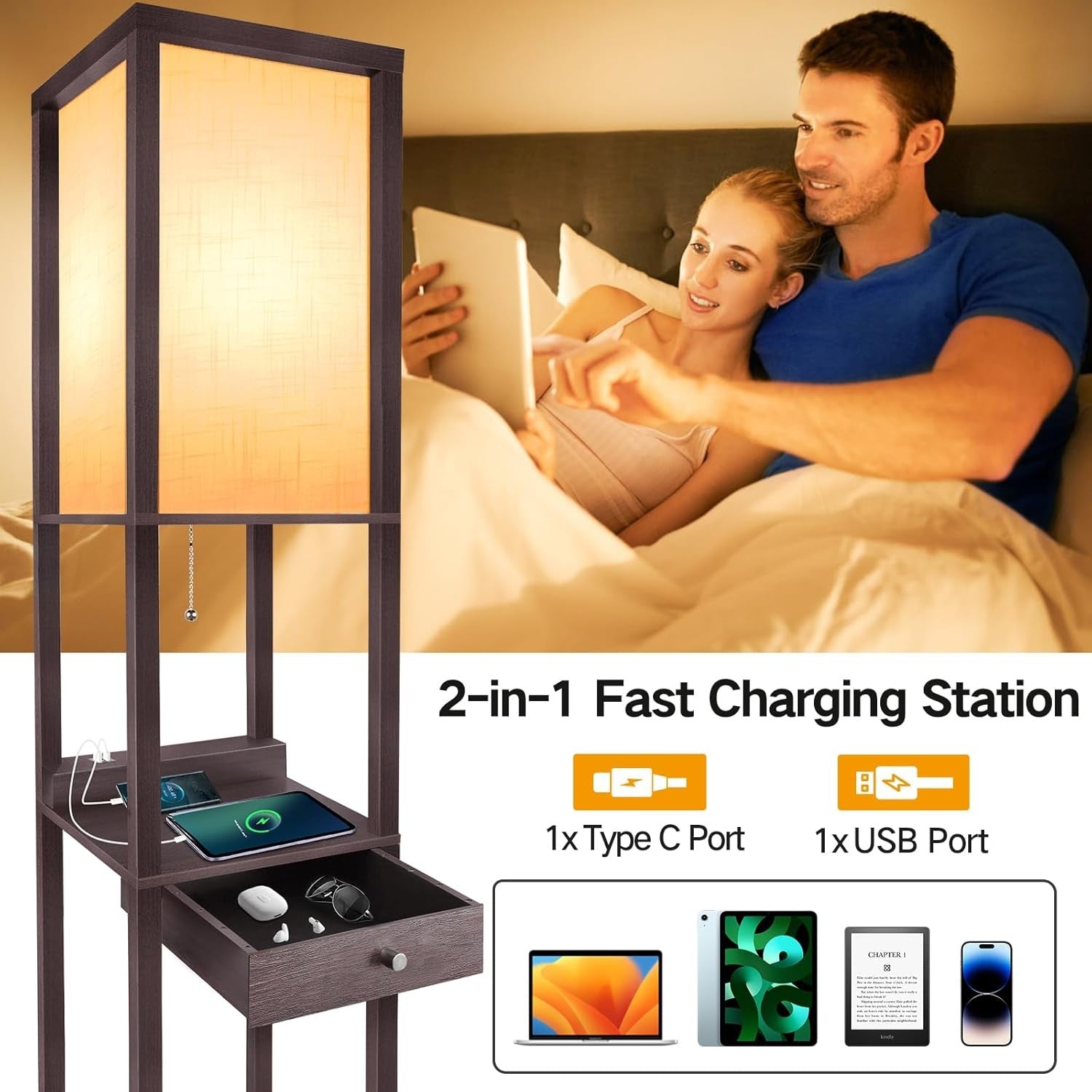 Floor Lamp with Shelves Drawer USB C LED Wooden Standing Storage Light