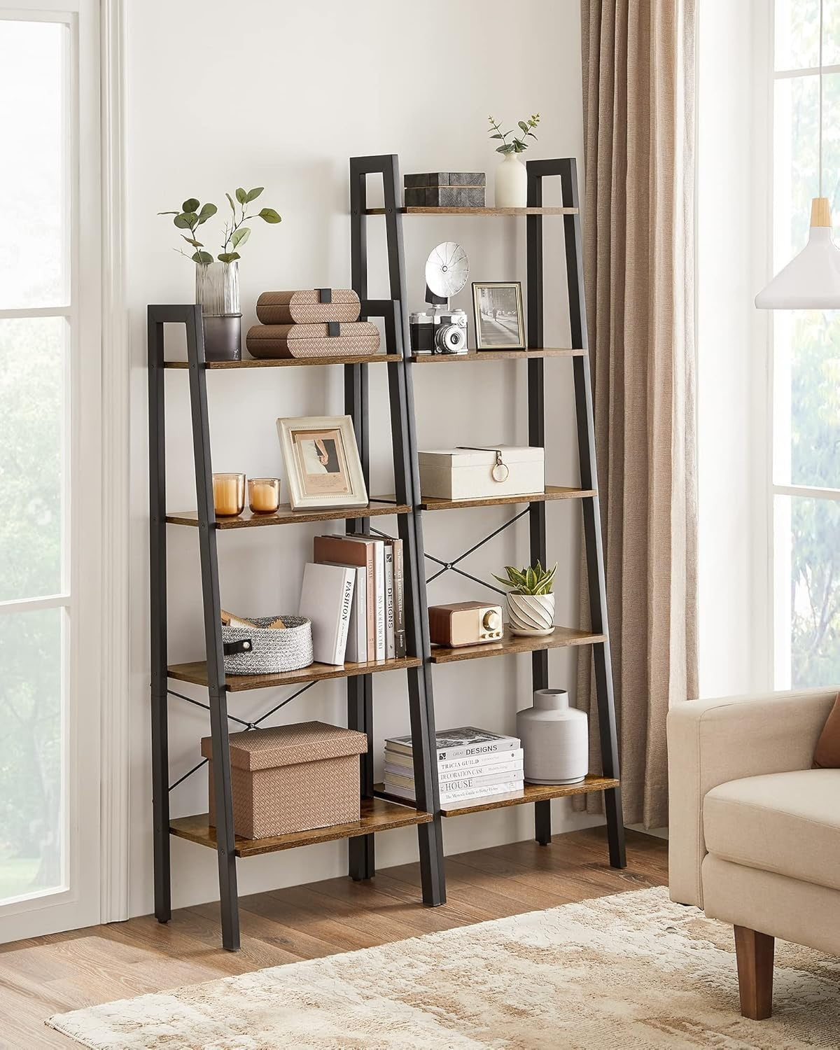 5-Tier Industrial Ladder Shelf Bookcase Storage Rack Rustic Brown 172cm