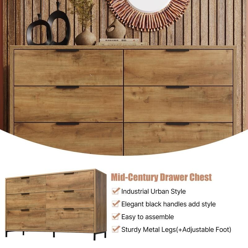 Rustic Oak Sideboard Cabinet with 6 Drawers, Chest Storage Unit 120cm