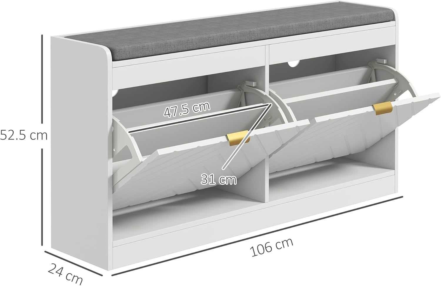 Slim Shoe Storage Bench with Padded Seat, 2 Flip Drawers, Holds 8 Pairs