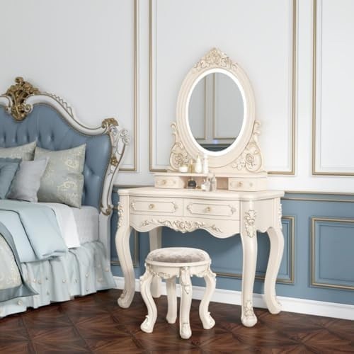 White LED Vanity Dressing Table Set w/3-Light Mirror, Stool, 4 Drawers ABS Plast