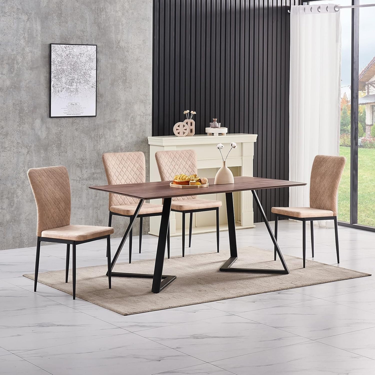 Dining Table Set 6 with 6 Beige Faux Leather Chairs, Oak 150x80cm, Modern Style