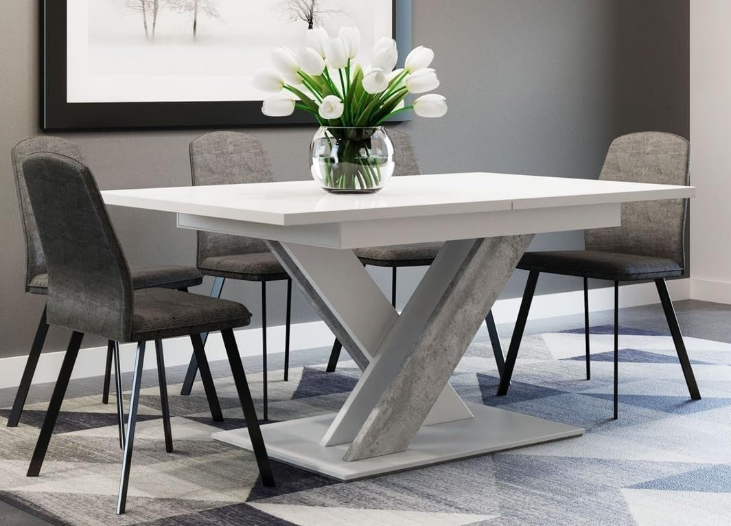 White Stone Gloss Extendable Dining Table 140–180cm Folding Space Saver