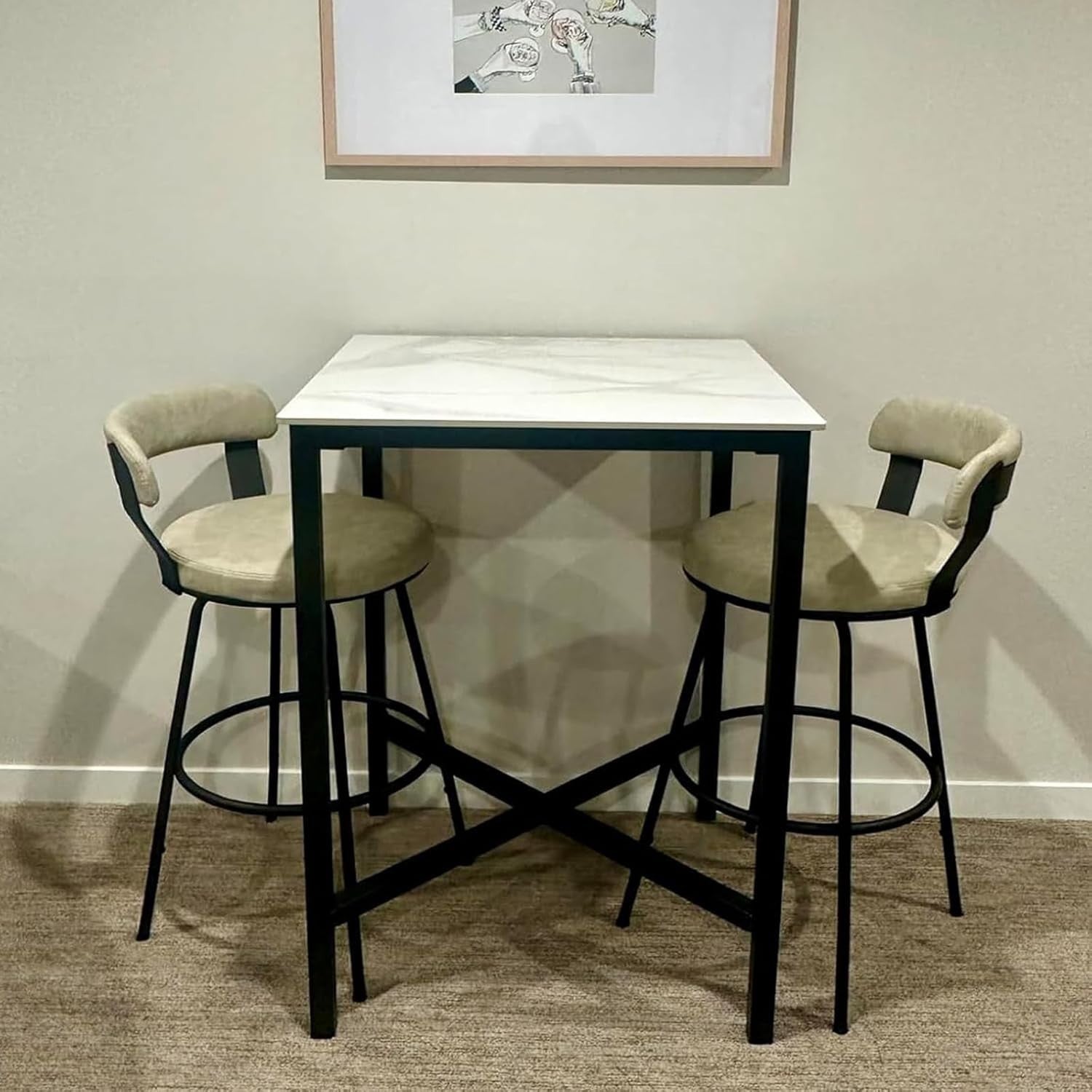Sintered Stone Square Bar Table 70×70cm Glossy White Marble Effect 105cm High