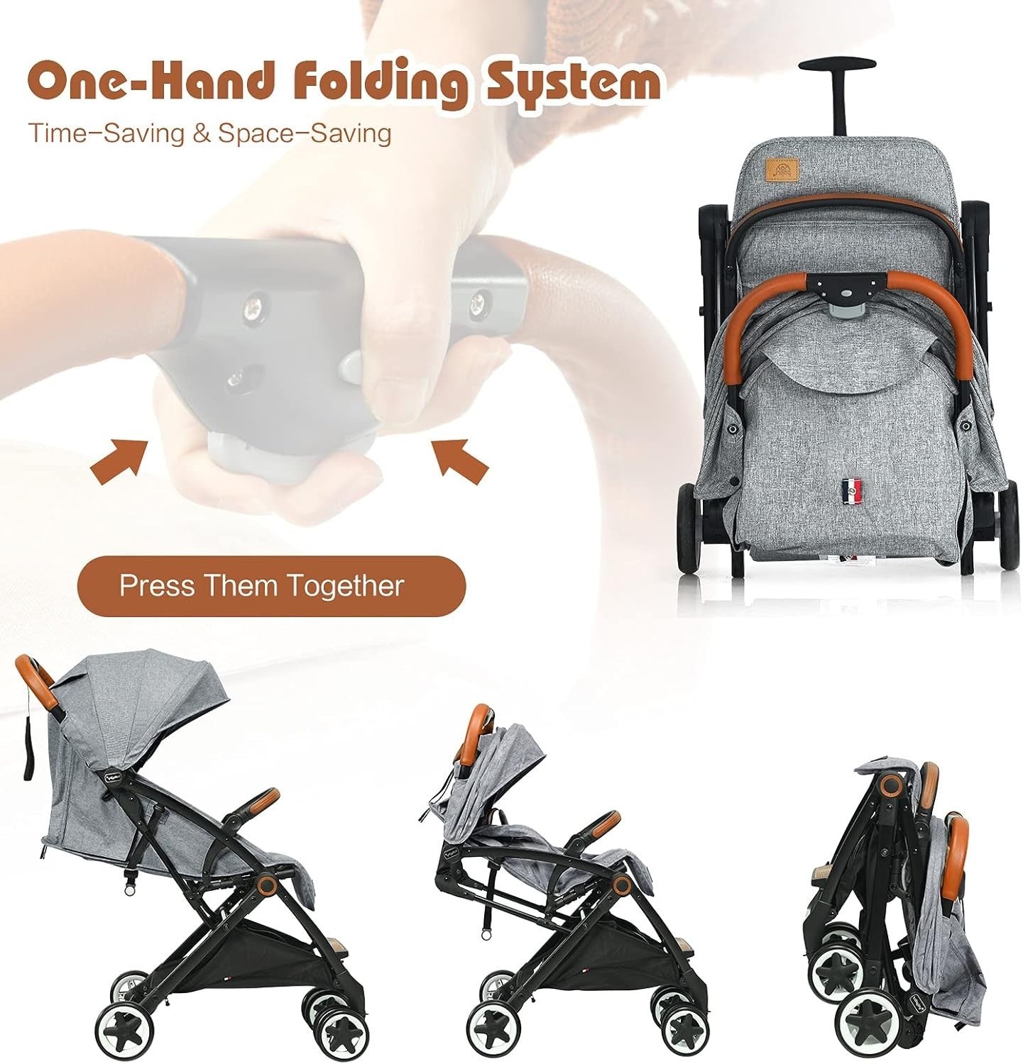 Grey Lightweight Baby Stroller One Hand Fold Travel Buggy 5 Point