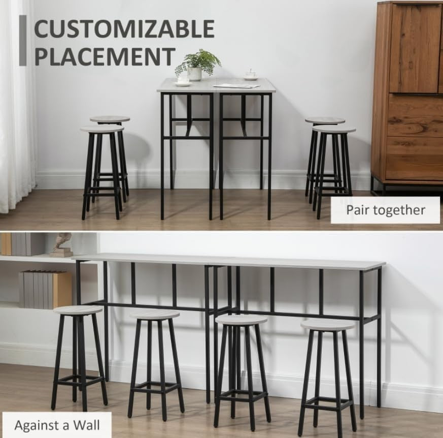 Grey Space-Saving Breakfast Bar Table Set 4 Stools, Rustic Metal Dining Counter
