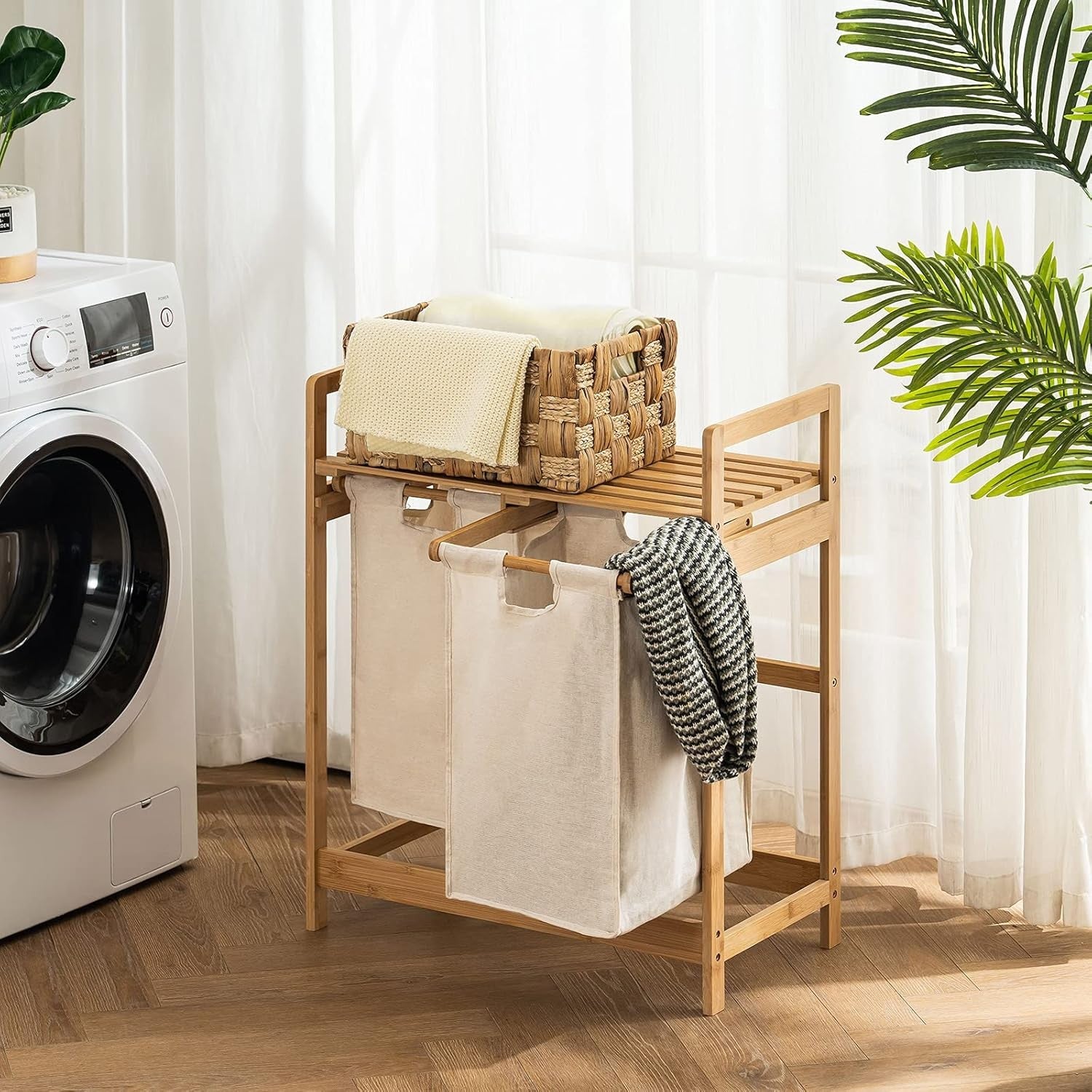 Bamboo Laundry Hamper with 2 Pull-Out Bags & Shelf Dual Laundry Sorter 73x64cm