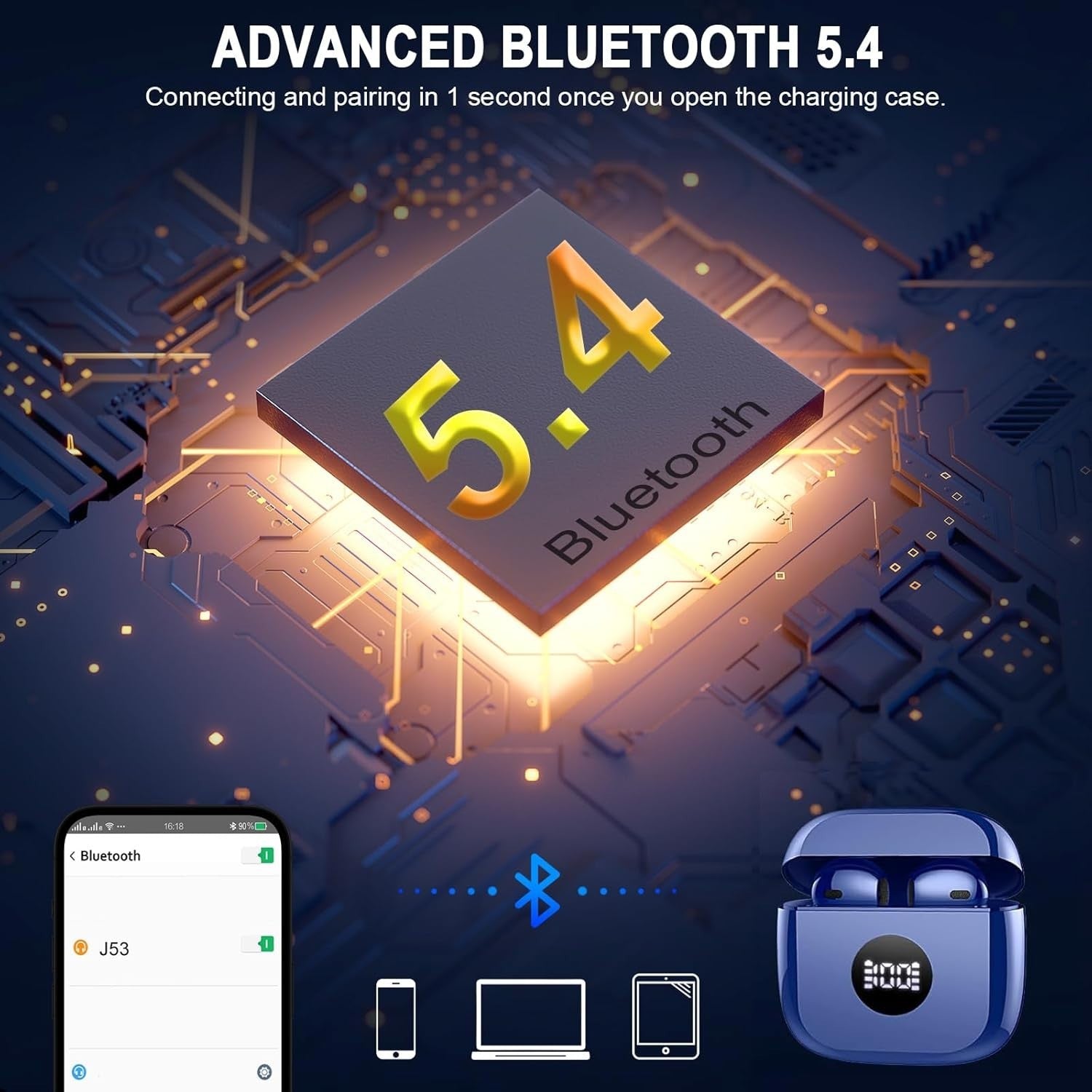 Bluetooth 5.4 Earbuds Blue ENC Noise Cancel Mic 40H LED Touch IP7